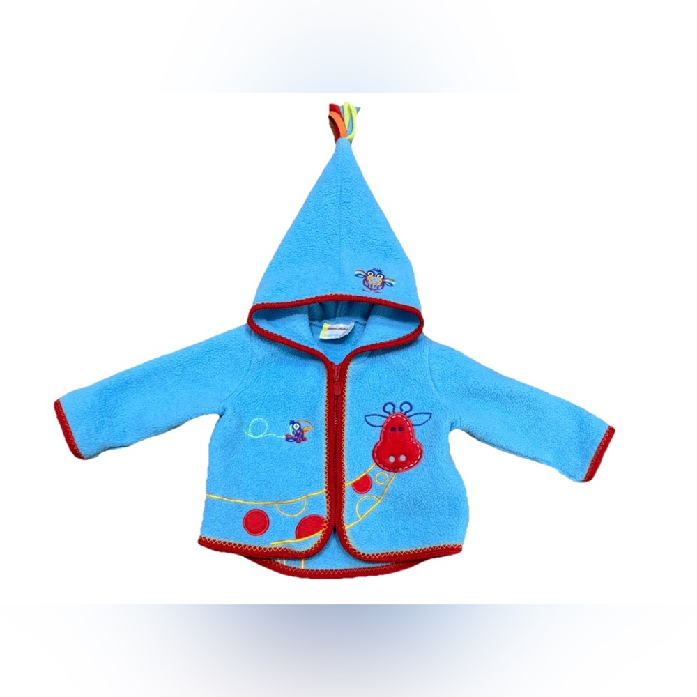 Hanna Andersson Fleece Baby Jacket Embroidered Giraffe Bird 3-6 Mo Blue Red VTG